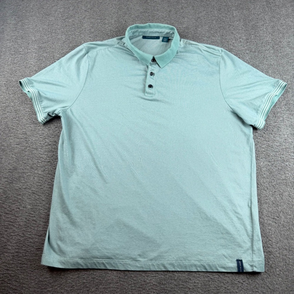 Perry Ellis Polo Shirt Men's XL Green Short Sleeve Striped Trim Jersey Knit